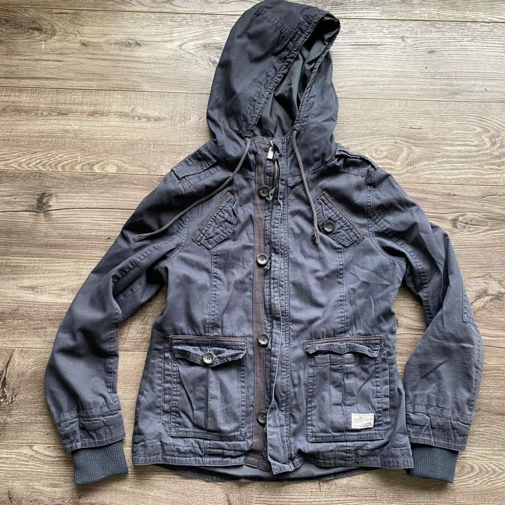 100% cotton navy blue/ grey hooded zippered cargo utility jacket